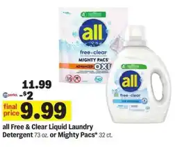 Meijer all Free & Clear Liquid Laundry Detergent or Mighty Pacs offer