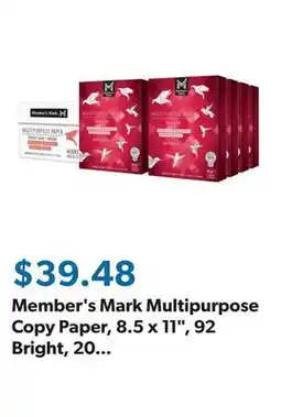 Sam's Club Member's Mark Multipurpose Copy Paper, 8.5 x 11, 92 Bright, 20 lbs., 8 Reams (4,000 sheets) offer