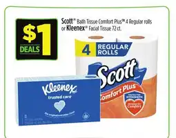 Dollar General Scott Bath Tissue Comfort Plus 4 Regular rolls or Kleenex Facial Tissue 72 ct offer