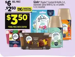 Dollar General Glade PlugIns Scented Oil Refi lls 2 ct., Automatic Spray Refi ll 6.2 oz. or Candles 1-2 ct offer