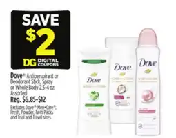 Dollar General Dove Antiperspirant or Deodorant Stick, Spray or Whole Body offer
