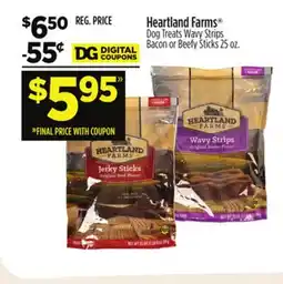 Dollar General Heartland Farms Dog Treats Wavy Strips Bacon or Beefy Sticks offer