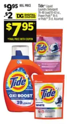 Dollar General Tide Liquid Laundry Detergent 39-48 Load/55-63 oz., Power Pods 18 ct. or Pods 31 ct offer