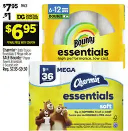 Dollar General Charmin Bath Tissue Essentials 9 Mega rolls or SALE Bounty Paper Towels Essentials 6 Double rolls offer