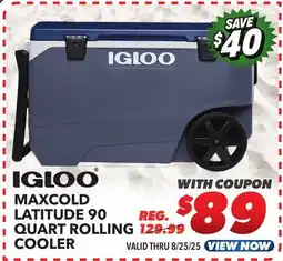 Big 5 Igloo MaxCold Latitude 90 Quart Rolling Cooler offer