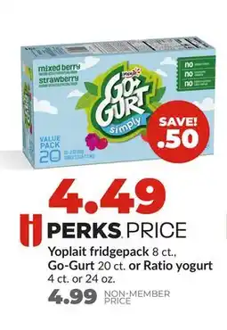 Hy-Vee Yoplait fridgepack 8 ct., Go-Gurt 20 ct. or Ratio yogurt 4 ct. or 24 oz offer