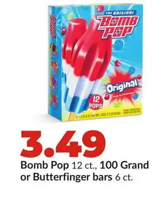 Hy-Vee Bomb Pop 12 ct., 100 Grand or Butterfinger bars 6 ct offer
