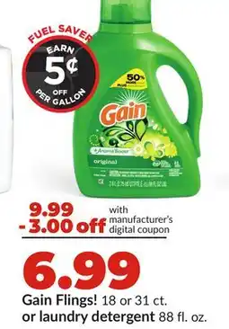 Hy-Vee Gain Flings! 18 or 31 ct. or laundry detergent 88 fl. oz offer