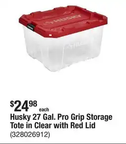 The Home Depot Husky 27 Gal. Pro Grip Storage Tote in Clear with Red Lid offer