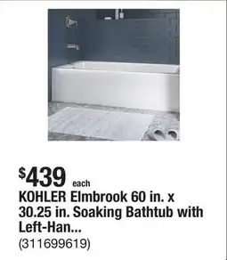The Home Depot KOHLER Elmbrook 60 in. x 30.25 in. Soaking Bathtub with Left-Hand Drain in White offer