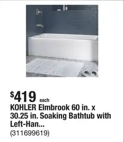 The Home Depot KOHLER Elmbrook 60 in. x 30.25 in. Soaking Bathtub with Left-Hand Drain in White offer
