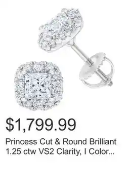 Costco Princess Cut & Round Brilliant 1.25 ctw VS2 Clarity, I Color Diamond 14kt White Gold Stud Earrings offer