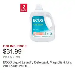 Costco ECOS Liquid Laundry Detergent, Magnolia & Lily, 210 Loads, 210 fl oz, 2-count offer