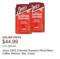 Costco Jose's 100% Colombia Supremo Whole Bean Coffee, Medium, 3lbs, 2-pack offer