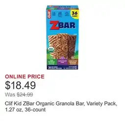 Costco Clif Kid ZBar Organic Granola Bar, Variety Pack, 1.27 oz, 36-count offer