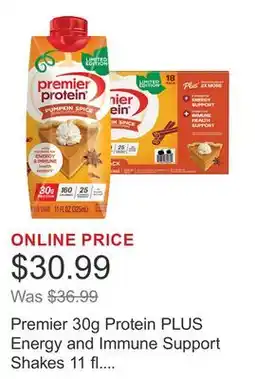 Costco Premier 30g Protein PLUS Energy and Immune Support Shakes 11 fl. oz., 18-pack, Pumpkin Spice offer