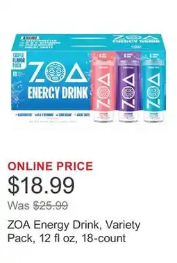 Costco ZOA Energy Drink, Variety Pack, 12 fl oz, 18-count offer