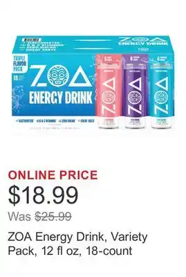 Costco ZOA Energy Drink, Variety Pack, 12 fl oz, 18-count offer