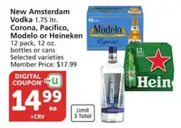 Albertsons New Amsterdam Vodka 1.75 ltr. Corona, Pacifico, Modelo or Heineken 12 pack, 12 oz. bottles or cans offer