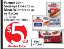 Albertsons Farmer John Sausage Links 28 oz. Meat Wieners 48 oz. or Bacon 10-12 oz offer