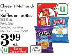 Pavilions Cheez-It Multipack 12 ct. Ruffles or Tostitos 12.5-17 oz. Party Size offer