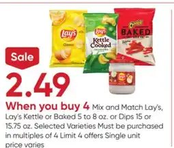 Stater Bros Lay's Kettle or Baked 5 to 8 oz. or Dips 15 or 15.75 oz offer