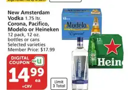 Vons New Amsterdam Vodka 1.75 ltr. Corona, Pacifico, Modelo or Heineken 12 pack, 12 oz. bottles or cans offer