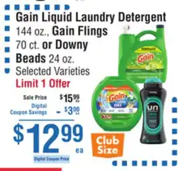 Smart & Final Gain Liquid Laundry Detergent, Gain Flings or Downy Beads offer