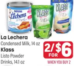 Tony’s Fresh Market La Lechera Condensed Milk, 14oz Klass Listo Powder Drinks, 14.1oz offer