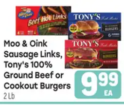 Tony’s Fresh Market Moo & Oink Sausage Links, Tony's 100% Ground Beef or Cookout Burgers offer