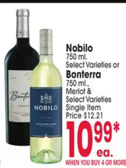 Jewel-Osco Nobilo 750 ml. Select Varieties or Bonterra 750 ml., Merlot & Select Varieties offer