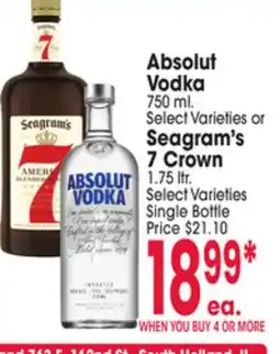 Jewel-Osco Absolut Vodka 750 ml. or Seagram's 7 Crown 1.75 ltr offer