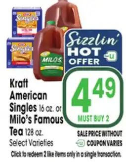 Jewel-Osco Kraft American Singles 16 oz. or Milo's Famous Tea 128 oz offer