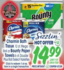 Jewel-Osco Charmin Bath Tissue 12 ct. Mega Roll or Bounty Paper Towels 6 ct. Double Plus Roll offer