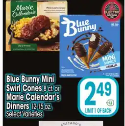 Jewel-Osco Blue Bunny Mini Swirl Cones 8 ct. or Marie Calendar's Dinners, 12-15 oz offer