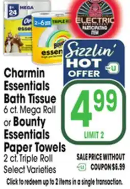 Jewel-Osco Charmin Essentials Bath Tissue 6 ct. Mega Roll or Bounty Essentials Paper Towels 2 ct. Triple Roll offer