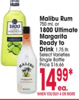 Jewel-Osco Malibu Rum 750 ml. or 1800 Ultimate Margarita Ready to Drink 1.75 ltr offer