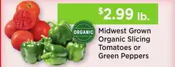 Heinen's Midwest Grown Organic Slicing Tomatoes or Green Peppers offer