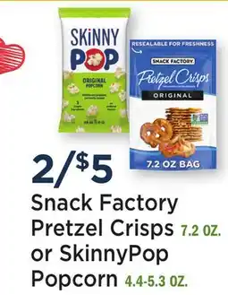 Heinen's Snack Factory Pretzel Crisps 7.2 OZ. or SkinnyPop Popcorn 4.4-5.3 OZ offer