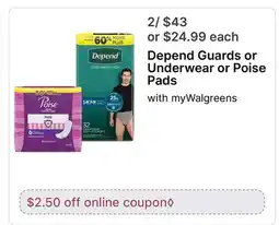 Walgreens Depend Guards or Underwear or Poise Pads offer