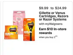 Walgreens Gillette or Venus Cartridges, Razors or Razor Systems offer