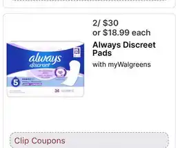 Walgreens Always Discreet Pads offer