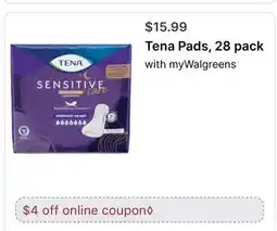 Walgreens Tena Pads, 28 pack offer