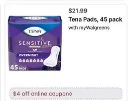 Walgreens Tena Pads, 45 pack offer