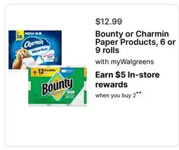 Walgreens Bounty or Charmin Paper Products, 6 or 9 rolls offer