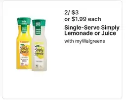 Walgreens Single-Serve Simply Lemonade or Juice offer