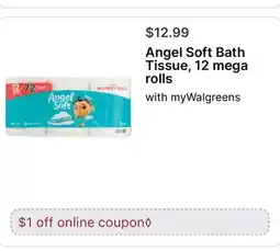 Walgreens Angel Soft Bath Tissue, 12 mega rolls offer