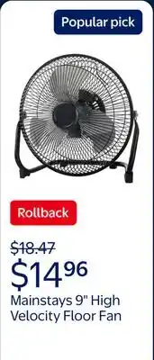 Walmart Mainstays 9 3-Speed High Velocity Wall Mountable Black New Floor Fan offer