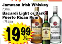 Superior Grocers Jameson Irish Whiskey 750 ml. Bacardi Light or Dark Puerto Rican Rum 1.75 Liter offer