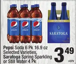Super King Markets Pepsi Soda 6 Pk 16.9 oz, Saratoga Spring Sparkling or Still Water 4 Pk offer